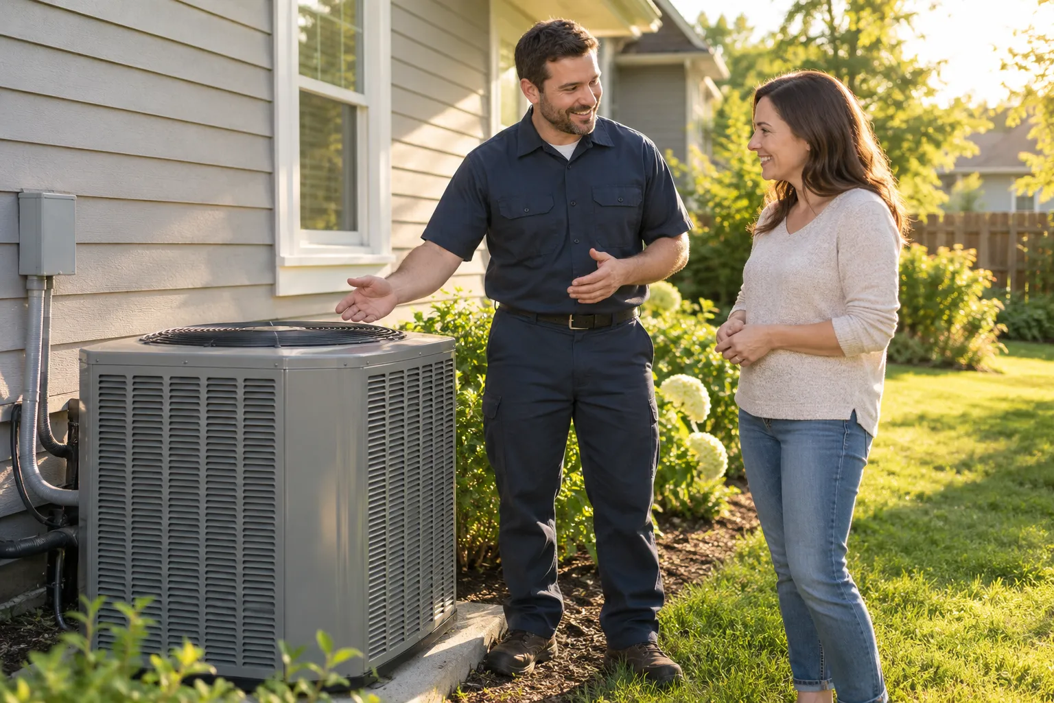 A friendly HVAC provider talking with a homeowner beside an outdoor AC unit at a Pevely home